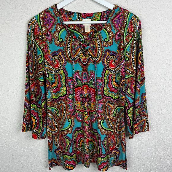CHICOS Womens 0/4/S Multicolor Retro Paisley Print Top Blouse Criss Cross Tie - Picture 2 of 6